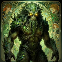 male humanoid swamp monster, sci fi, glowing eyes, volumetric lights, plant theme, art nouveau botanicals, intricate, intense detail, digital painting, artstation, concept art, smooth, sharp focus, cinematic, illustration, beautiful face, style of h. r. giger, greg rutkowski, alphonse mucha, kentaro miura, 4 k