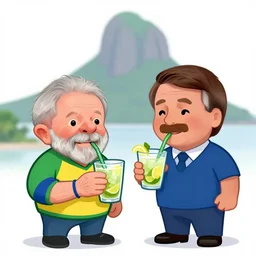 cartoon drawing of Brazilian politicians Lula and Bolsonaro together drinking a lemon drink caipirinha with the Corcovado on the background, cute