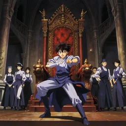 key anime visual portrait of the interior of a castles throne room, servants, dynamic pose, cinematic, film grain, designed by yoh yoshinari but drawn by range murata, detailed, intricate, at night, dramatic lighting