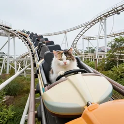 selfie of a cat riding a roller coaster, wide angle, highly detailed