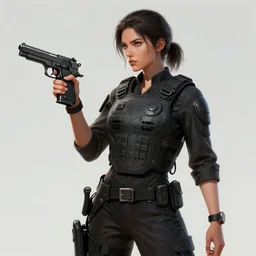 female, wearing kevlar vest, holding m 1 9 1 1 pistol, concept art, contrapposto