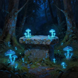 stone altar surrounded by blue glowing bioluminescent mushrooms growing on trees in a forest at dark night, bright contrast, Ruan Jian, Ismail Inceoglu, digital 4K painting