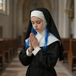 portrait painting ofa 1 7 - year - old nun, delicate and pretty, small, with long blue hair, dressed in a black nun's dress, was praying in church aunreal render cinematic lighting art 1 9 2 0 period drama by bussiere rutkowski andreas rocha