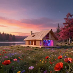 a beautiful ultradetailed rendering of cottage unfinished building by eero saarinen, at dawn at spring meadow flowers lake wilderness gem cosmic elysian fisheye apocalyptic sunset infrared nightvision poppy partly sunny alien neon signs laser dieselpunk evil lightpaint, archdaily, wallpaper, highly detailed, trending on artstation.