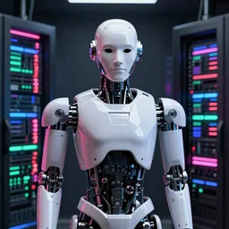 full body robot with human mask, background is data server room, neon and dark, by eddie mendoza, illumination ray tracing hdr render in unreal engine 5 symmetrical face, i am robot movie