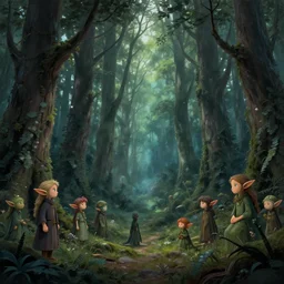 magic forest with mage elves, matte painting by christophe vacher and marc simonetti.