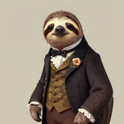 portrait of a sloth wearing a victorian suit, regal, debonair, stylish, flowerpunk, rococo, baroque, academicism, digital art, concept art, character design, illustration
