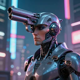an advanced cyborg with a pistol head, syd mead ralph mcquarrie style, 8 k, hdr, octane render, volumetric lighting, highly detailed, beautiful, trending on artstation, neo tokyo background
