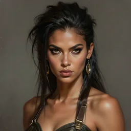 photorealistic portrait of a young butch solarpunk cuban woman, handsome, female, masculine, upper body, fantasy, fierce, sharp features, intricate, elegant, highly detailed, digital painting, artstation, concept art, matte, sharp focus, illustration, art by artgerm and greg rutkowski and alphonse mucha