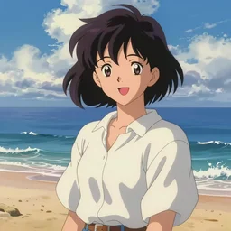 Portrait of a happy anime woman on the beach near the ocean, thomas kinkade, very comfy