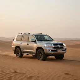toyota land cruiser in desert, dawn, fog,