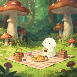 a cute picnic in a mushroom forest. soft lighting, cgsociety masterpiece, artstation trending, studio ghibli, 4k, digital art, concept art