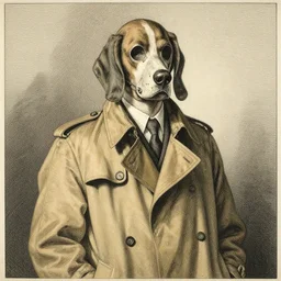 aquatint portrait Detective Sergeant Jason Statham wearing a bloodhound mask whilst donning a tan trenchcoat honore daumier jeff simpson koya nakatsudo amalia ulman hideaki takamura scrimshaw