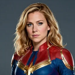 dslr photography of amy schumer as captain marvel, head and shoulders photography, cinematic, studio portrait