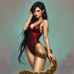 a girl win long black hair dancer heels and burgundy bodysuit entwined with a python snake. highly detailed digital painting, watercolor, soviet realism, engraving, artstation, concept art, smooth, sharp focus, vivid grunge, manga, illustration, unreal engine 5, 8 k, art by bilibin by kilian eng by kuvshinov by malevich by mucha