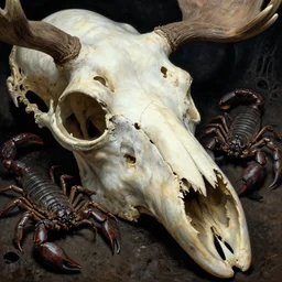 scorpions!!!! crawling through the cavities of a ((large moose skull)), Zdzislaw Beksinski, Wayne Barlowe, gothic, cosmic horror, worm's-eye view, close-up, dystopian, biomorphic, lovecraftian, amazing details