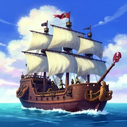 a large pirate ship floating on top of a body of water, pirates flag, cgsociety, fantasy art, 2 d game art, concept art, heavenly lighting, retrowave, behance hd, concept art by jesper ejsing, by rhads, makoto shinkai cyril rolando, madgwick, cory loftis, sylvain sarrailh