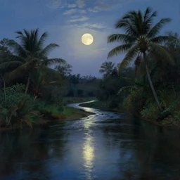 the night river of light, tropical vegetation, serene twilight moonlight, by frederic edwin church,