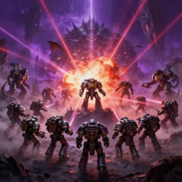 epic army of mechwarriors battle creatures on alien planet, explosions, smoke, purple and red lazers, landscape, alex ross, neal adams, david finch, war, concept art, matte painting, highly detailed, rule of thirds, dynamic lighting, cinematic, detailed, denoised, centerd, directed by james cameron