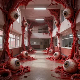 matte painting concept art of a school hall way filled with red alien flesh and eyeballs, digital art, horror, trending on artstation, HD, 8K, highly detailed, good lighting, beautiful, epic, masterpiece