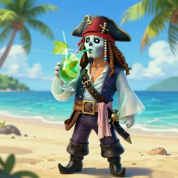 a traslucent ghost pirate peacefully drinking a mojito on a tropical island, digital art, sharp focus, hyper realistic, highly detailed by peter mohrbacher, artgerm, wlop, wayne barlowe, boris vallejo and paolo eleuteri serpieri