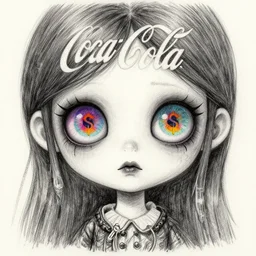 pencil drawing of the coke logo personified as a soda themed girl in the style of the lavender towne, large creepy eyes, extremely detailed and colorful eyes, digital art, deviant art, soda themed girl, hyper detailed eyes, money sign pupils, tim burton, scratchy lines, junji ito, gorrilaz, her forehead has the coke logo carved into it