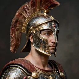 close - up portrait athenian warrior with helmet and armor, art by david lachapelle