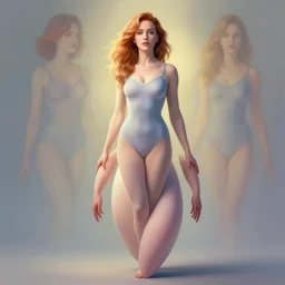 full body portrait of christina hendricks in elegant leotard portrait by artgerm and greg rutkowski and alphonse mucha, trending on artstation, cinematic light, pastel colors, volumetric shading, high radiosity dull skin, global illumination, radiant light, soft light, soft color dodge, subsurface scattering