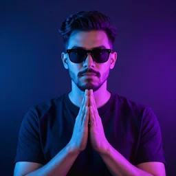 a man with a goatee and sunglasses holding his hands together, blue lighting on the left and purple lighting on the right, dark wall background, a character portrait by oliver sin, instagram contest winner, aestheticism, bryce 3 d, synthwave, retrowave