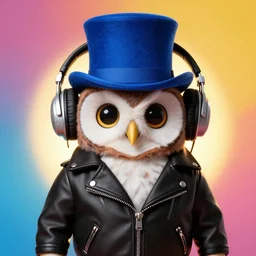 cute owl wearing black biker jacket, portrait photo, backlit, studio photo, background colorful, tophat, kobalt blue, tophat, stone, dj headphones