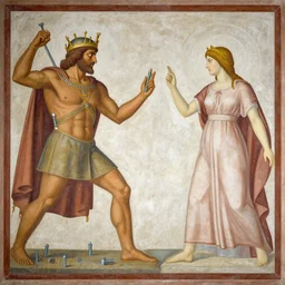 antique fresco of the war between spax the god of screws and goddess guiot the goddess of fertility, by greg rutkowski, trending on artstation, masterpiece, detailed