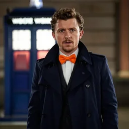tom holland with a beard in a dark blue trenchcoat with an orange bowtie as the new doctor who, cinematic, volumetric lighting, f 8 aperture, cinematic eastman 5 3 8 4 film, photorealistic