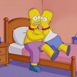 a romantic couple kisses on the simpsons forniture. simpson's bed