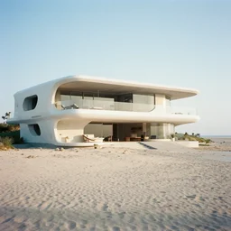 35mm film still, morning light over futuristic low-Fi villa on the beach at a tropical island, vivid , color palette of gold, infinity pool in front of house