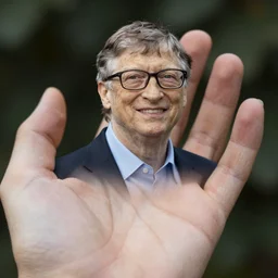 bill gates in the palm of my hand, looking up at the camera, hyper realistic photo, highly detailed, sharp focus, depth of field