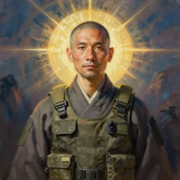 protrait of taoist priest in military tacital vest, detailed, painting by craig mullins, james jean, oil painting, radiant light