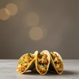 food photography of roasted cauliflower tacos, rule of thirds with golden ratio, minimalistic side view high bokeh, cinematic studio lighting