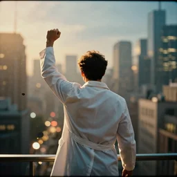 a 3 5 mm photo from the back of a scientist wearing a lab coat and raising one fist in triumph, standing in front of a city, splash art, movie still, bokeh, canon 5 0 mm, cinematic lighting, dramatic, film, photography, golden hour, depth of field, award - winning, anamorphic lens flare, 8 k, hyper detailed, 3 5 mm film grain