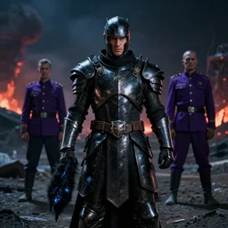 photograph of a man clad in shining black metallic armor holding a piece of glowing black wool, background is a nuclear wasteland at night with lava in the distance, standing before his defeated enemy wearing a purple uniform