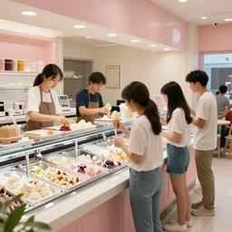 crowd buying ice cream in an ice cream parlor