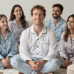 mark zuckerberg the saviour of humanity wearing pampers is smiling to his followers in pajamas