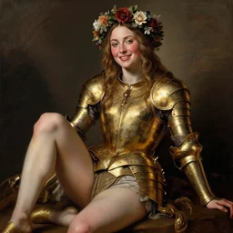 blushing, rugged sultry saoirse ronan, wearing gold armour, posing seductive, looking seductively, smiling, wearing ornate flower wreath, legs, oil painting by titian, hard focus
