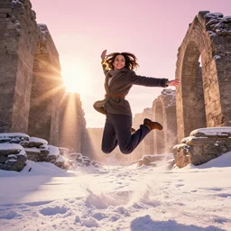 epic portrait of warmly clothed Mila Kunis jumping into deep snow, ancient ruins, prism sun rays through wind swept snow, pink golden hour, intricate, highly detailed, epic vista, very crispy, Ralph Horsley, Daniel F. Gerhartz, Artgerm, Boris Villajo, Lilia Alvarado