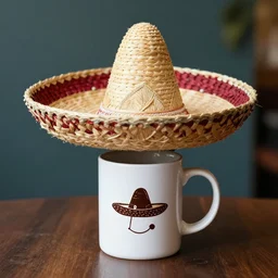 ( coffee mug ) wearing!!!! a [ [ sombrero ] ] on top, photograph,