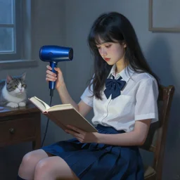 a digital painting of a girl reading a book with a cat in A comfortable study room at night,blue and grey theme,JK uniform ,Hairdryer,blue theme,S line, by krenz cushart and mucha and range murata and greg rutkowski
