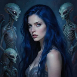 dark blue haired woman, fair skinned, mœbius, jean henri gaston giraud, psychedelic, surrealism, dramatic lighting, sci - fi, aliens, beautiful, feminine, dangerous