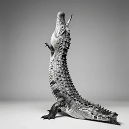 rare classified photo, black & white, studio lighting, a tall crocodile fish, horns, real fur, real skin