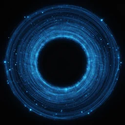 black hole inside a circle space ship, glowing tiny blue lines