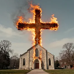 burning cross, church, surrealistic collage art