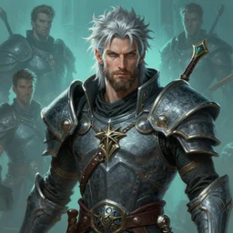 an epic fantastic realism comic book style portrait painting of an aasimar paladin, male, shaggy silver hair, short brown beard, steve argyle, charlie bowater, mark brooks, gerald brom, d & d concept art, unreal 5, daz, teal aesthetic, octane render, cosplay, rpg portrait, dynamic lighting